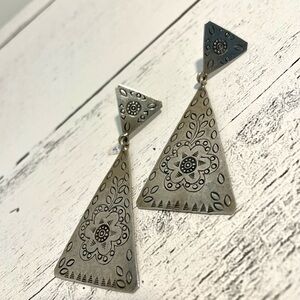 Sterling silver dangle earrings hand made large triangle floral tooled statement